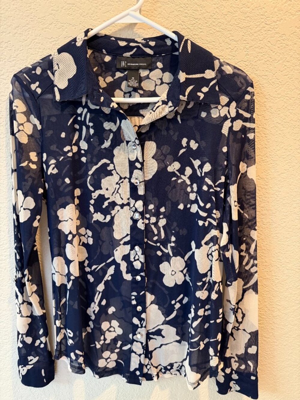 INC Blue/Cream Sheer Blouse